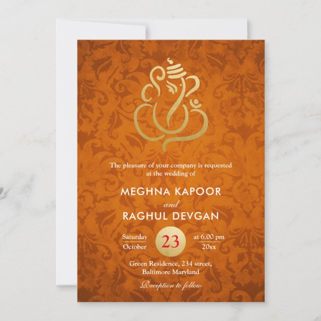Invitación Naranja de Relieve metalizado dorado de Faux de Ga (Anverso)
