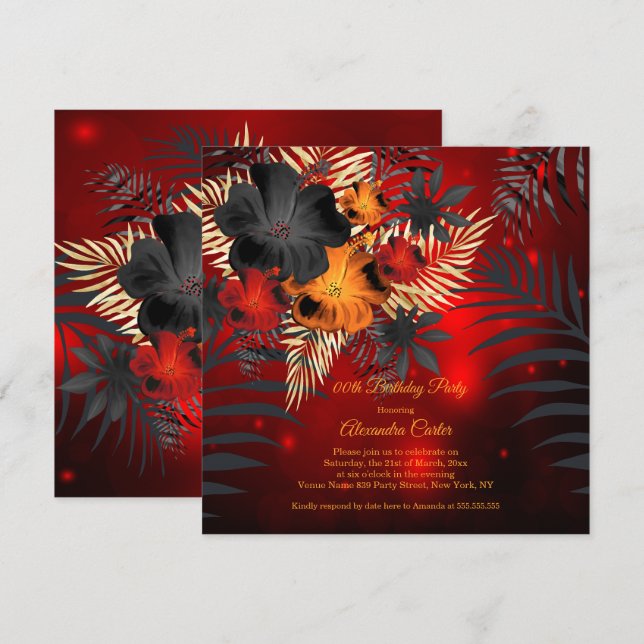 Invitación Naranja de resplandor rojo Black Hibiscus fiesta d (Anverso / Reverso)