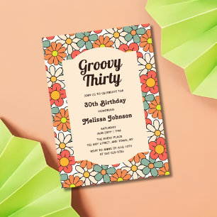 Invitación Naranja de Retro Peach Floral Groovy 30 años