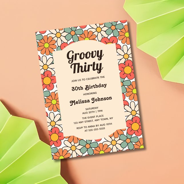 Invitación Naranja de Retro Peach Floral Groovy 30 años (Subido por el creador)