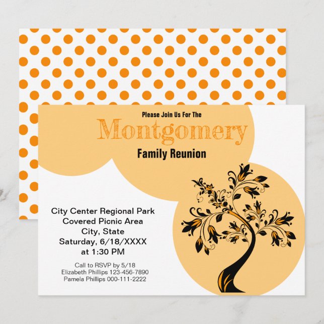 Invitación Naranja de Reunión Familiar Moderna floriendo árbo (Anverso / Reverso)