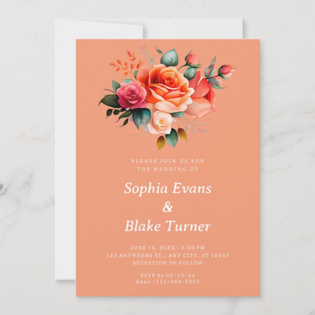 Invitación Naranja de rosas naranja Boda floral (Anverso)