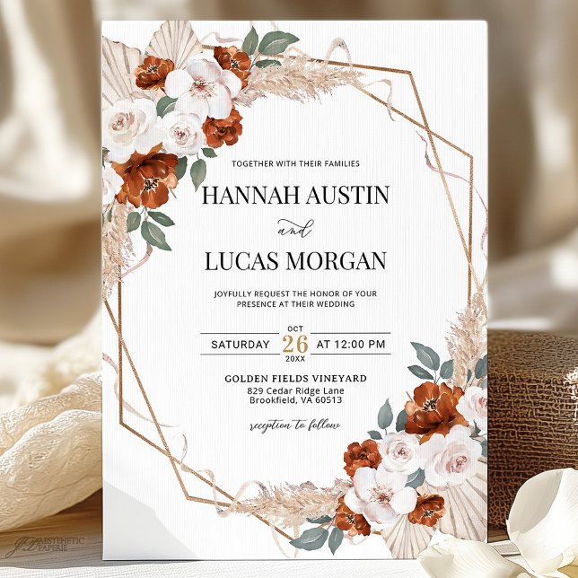 Invitación Naranja de roya Boho Floral Gold Geométrico Boda (Subido por el creador)
