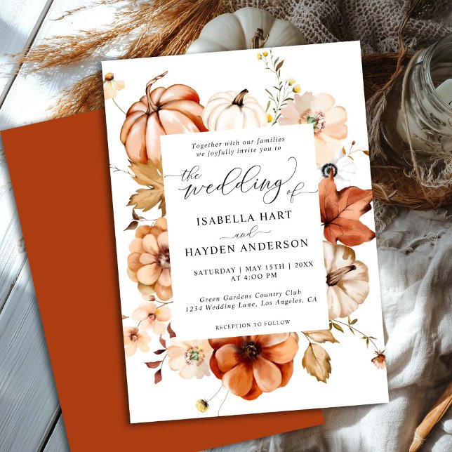 Invitación Naranja de roya Cae Boda de calabaza floral de tie (Subido por el creador)