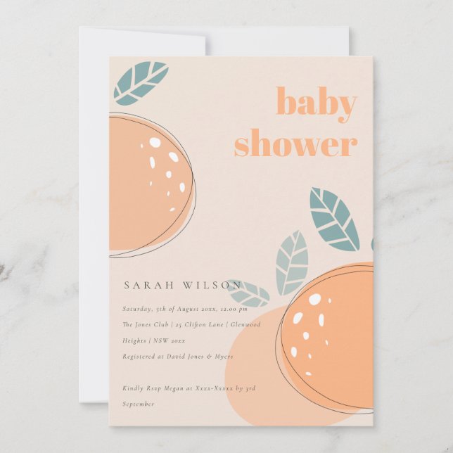 Invitación Naranja de Rubor Cute Peach Fruity Bold Baby Showe (Anverso)