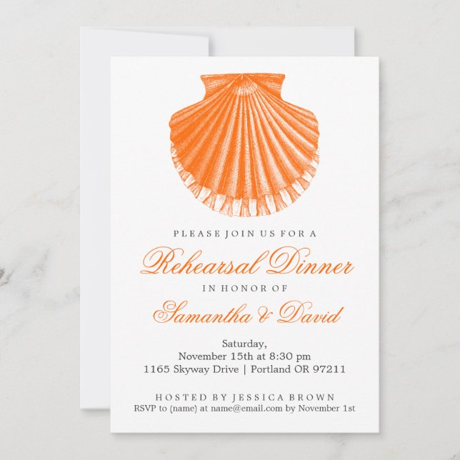 Invitación Naranja de Shell de concha de peregrino de la cena (Anverso)