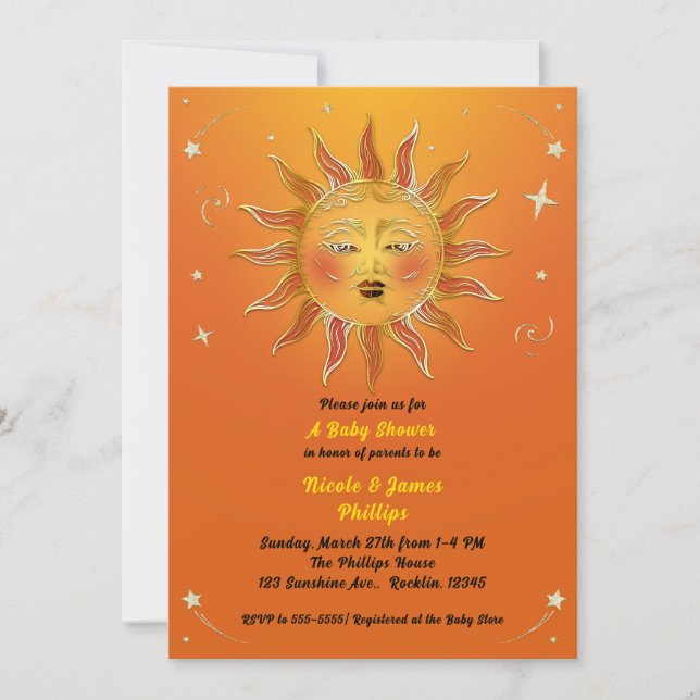 Invitación Naranja de sol de época Baby Shower celeste amaril (Anverso)