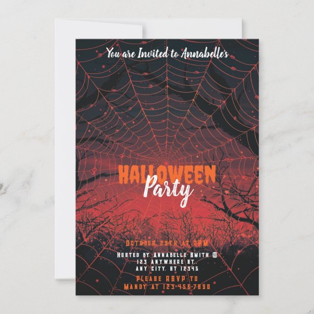 Invitación Naranja de Spiderweb: fiesta de Halloween con pues (Anverso)