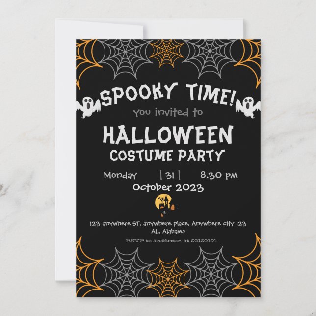 Invitación naranja de telaraña Spooky Adult Halloween Party (Anverso)