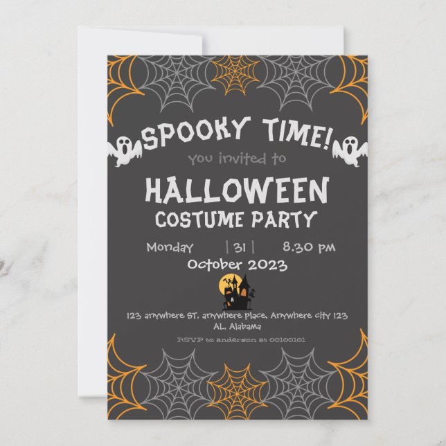 Invitación naranja de telaraña Spooky Adult Halloween Party (Anverso)
