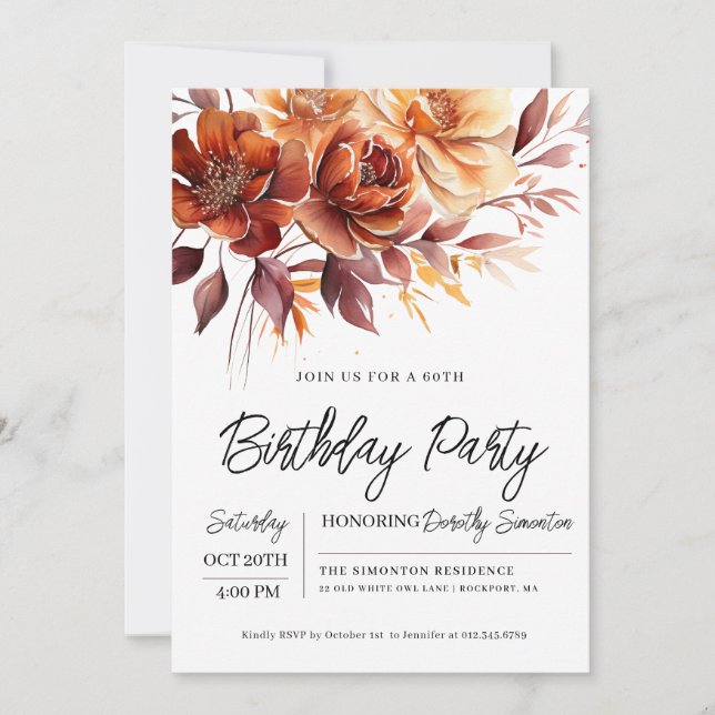 Invitación Naranja de Terracotta Cae Flores 60 cumpleaños (Anverso)