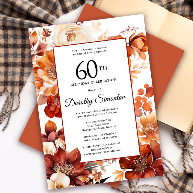 Invitación Naranja de Terracotta Cae Flores 60 cumpleaños (Need a matching autumn floral Welcome sign? Message me! Party supplies available too!)