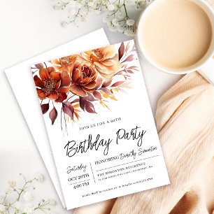 Invitación Naranja de Terracotta Cae Flores 90 cumpleaños