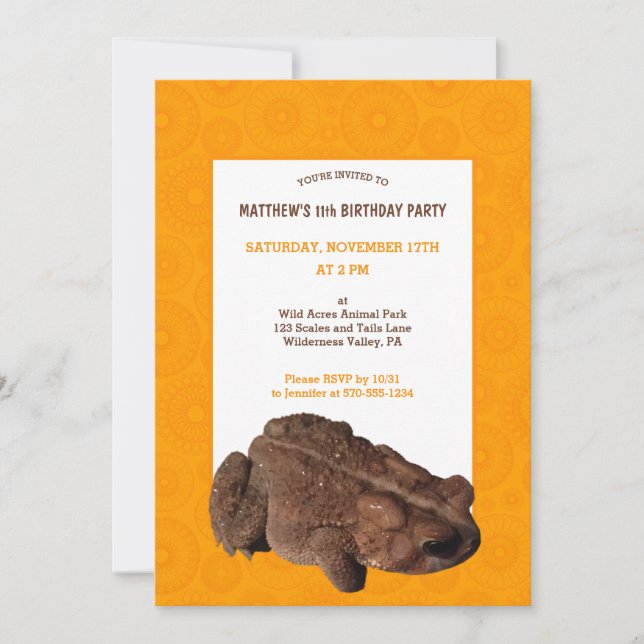 Invitación Naranja de toad americano y fiesta de cumpleaños d (Anverso)