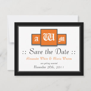 Invitación Naranja de tres monogramas matrimonio moderno salv