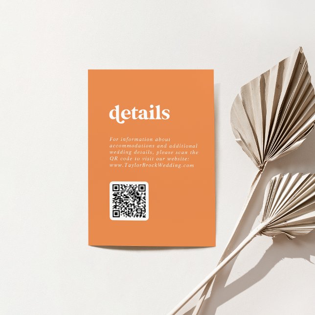 Invitación Naranja de verano retro Detalles del Boda de códig (Retro Summer Orange White QR Code Wedding Details Invitation)