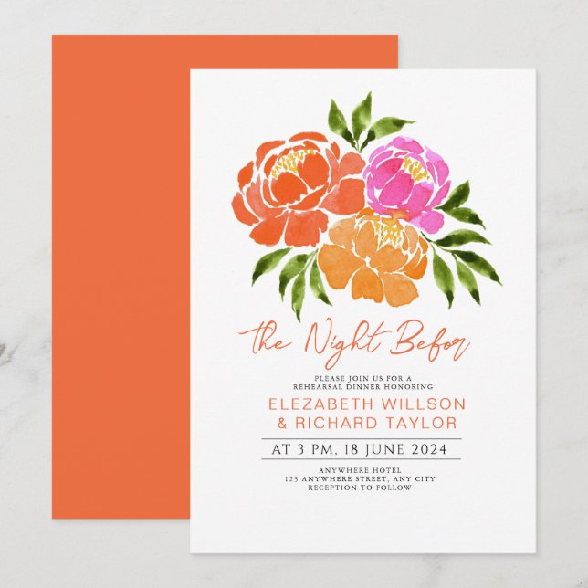 Invitación Naranja de verano rosado caliente Ensayo de flores (Anverso / Reverso)