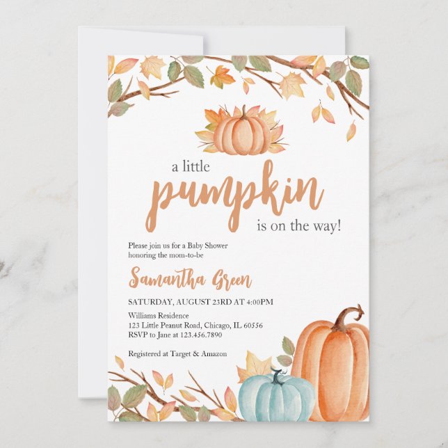 Invitación Naranja de Verdor Calabaza Baby Shower (Anverso)