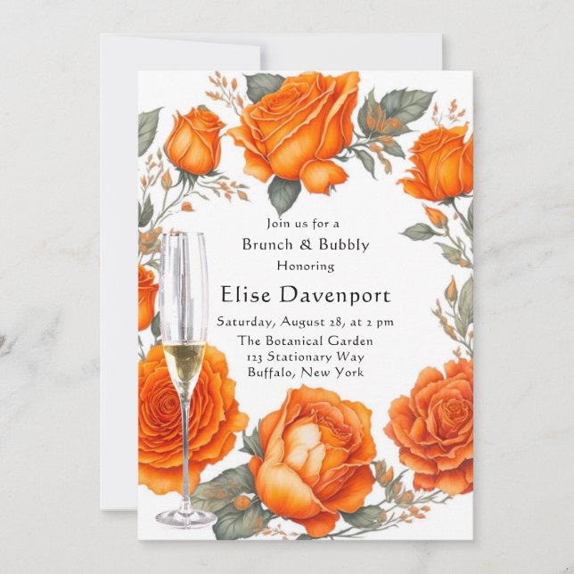 Invitación Naranja de Vintage Peonies Brunch & Bubbly (Anverso)