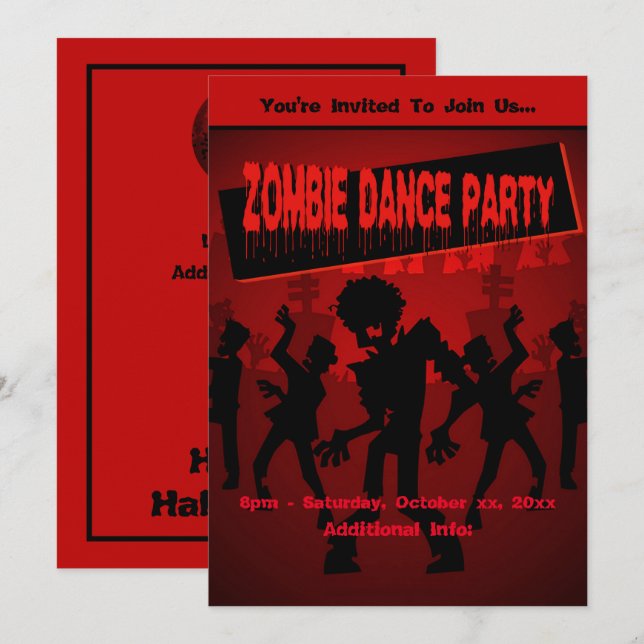 Invitación Naranja de Zombie Dance Fiesta (Anverso / Reverso)