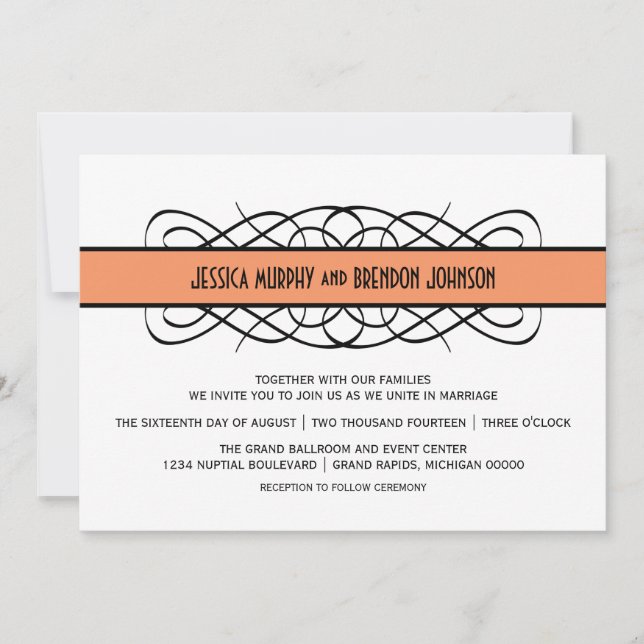 Invitación Naranja Deco Flourish Wedding Invite (Anverso)