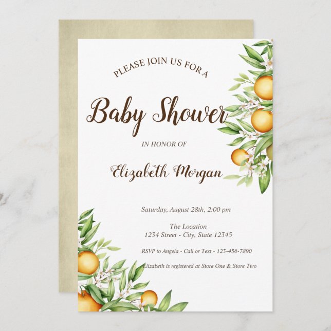 Invitación Naranja, deja Citrus Baby Shower (Anverso / Reverso)