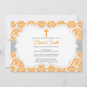 Invitación Naranja del bautismo y Damasco gris