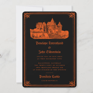 Invitación Naranja del Castillo Gótico Boda de Halloween Negr