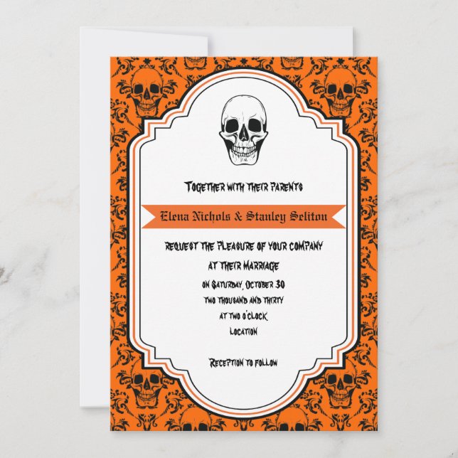 Invitación Naranja del damasco de Skulls, boda negro de Hallo (Anverso)