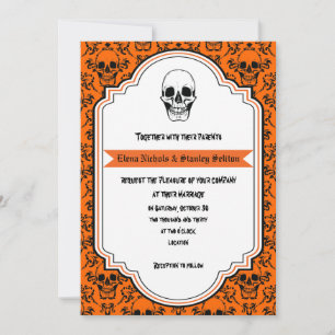 Invitación Naranja del damasco de Skulls, boda negro de Hallo