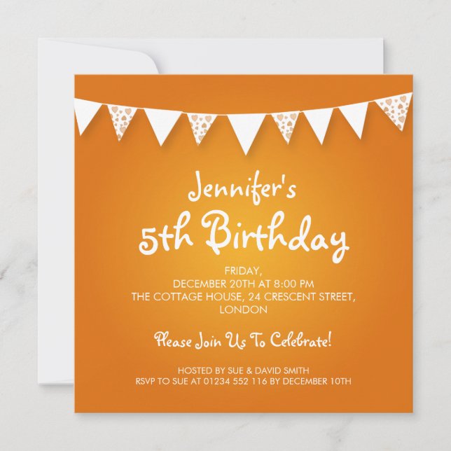 Invitación Naranja del empavesado del corazón del cumpleaños (Anverso)