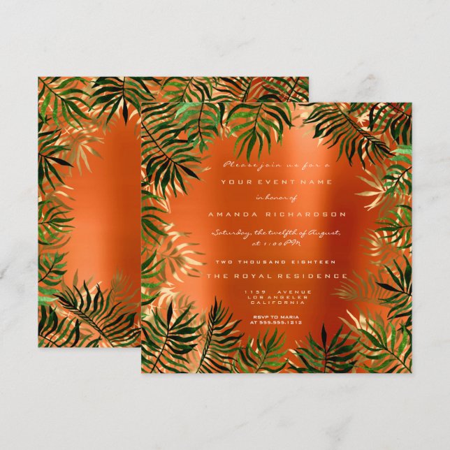 Invitación Naranja del marco de la hoja de la palma verde tro (Anverso / Reverso)