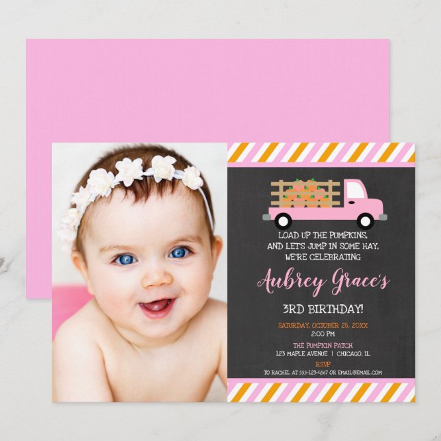 Invitación naranja del parche de calabaza chica rosa foto de  (Anverso / Reverso)