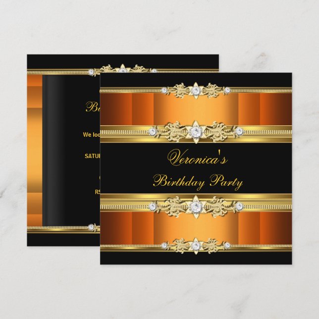 Invitación Naranja del partido de cumpleaños Gold Black (Anverso / Reverso)