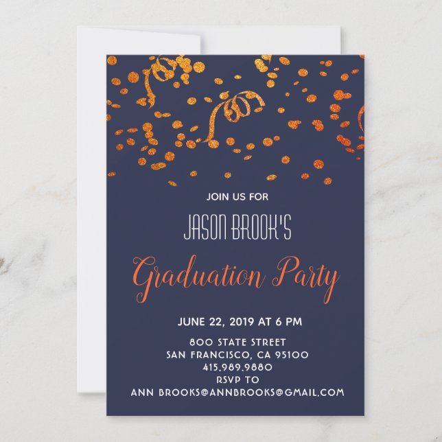 Invitación Naranja del Partido de Graduación, Confeti de oro  (Anverso)