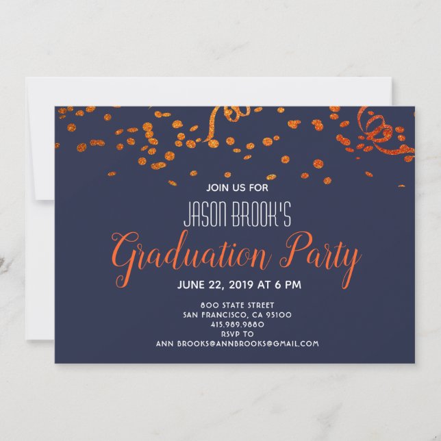 Invitación Naranja del partido de graduación Gold Confetti Bl (Anverso)