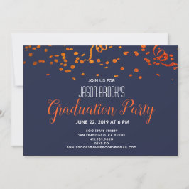 Invitación Naranja del partido de graduación Gold Confetti Bl