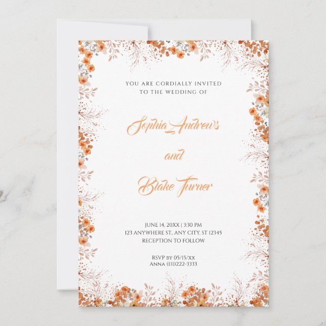 Invitación Naranja Delicado Flores Bonito Boda Blanco (Anverso)