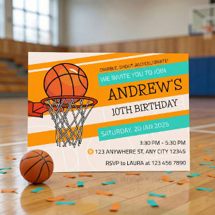 Invitación Naranja Deportivo Niños de Baloncesto Cumpleaños