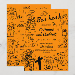 Invitación Naranja dibujó fiesta de Halloween con tema de vaq