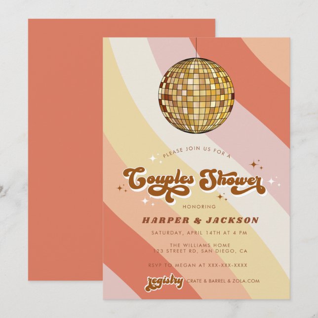Invitación Naranja Disco Retro 70 Ducha de parejas (Anverso / Reverso)