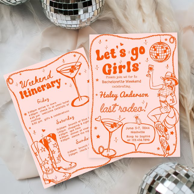 Invitación Naranja Disco Rodeo Cowgirl Bachelorette Weekend (Subido por el creador)