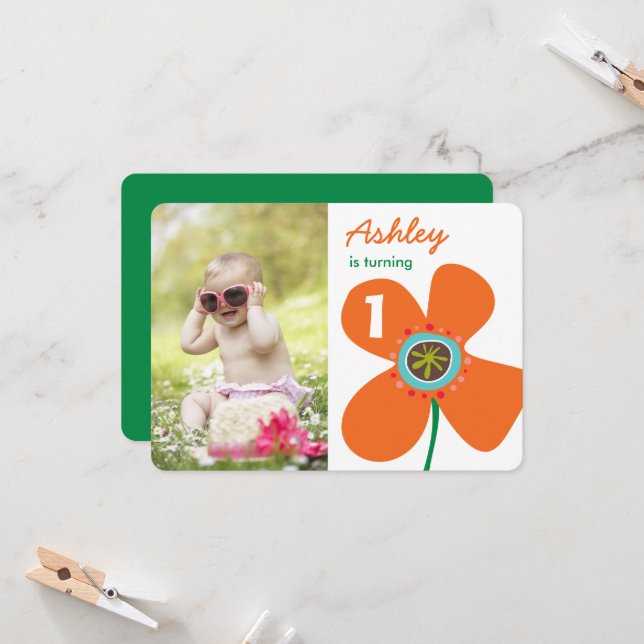 Invitación Naranja divertida Daisy Pop Cute Chica foto primer (Anverso/Reverso In Situ)