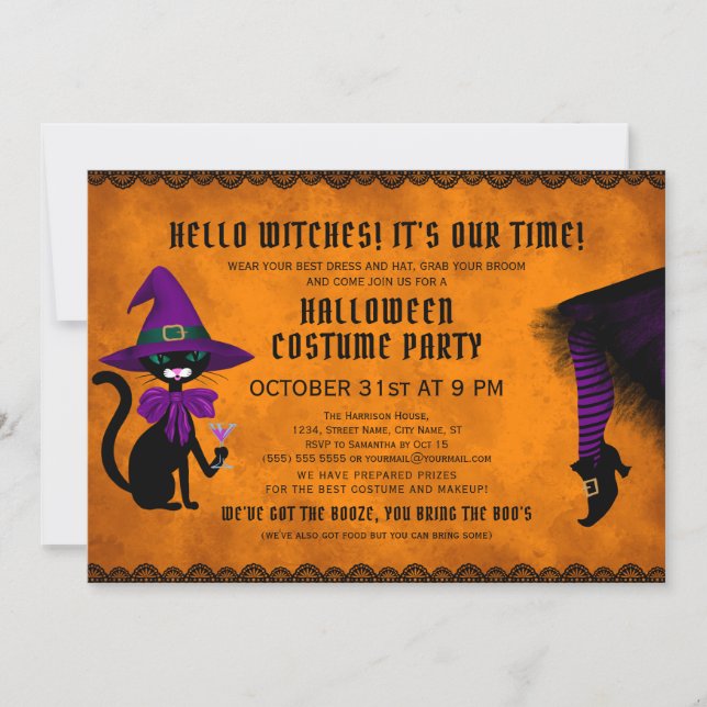 Invitación Naranja divertido Gorra de brujas negro gato bebe  (Anverso)