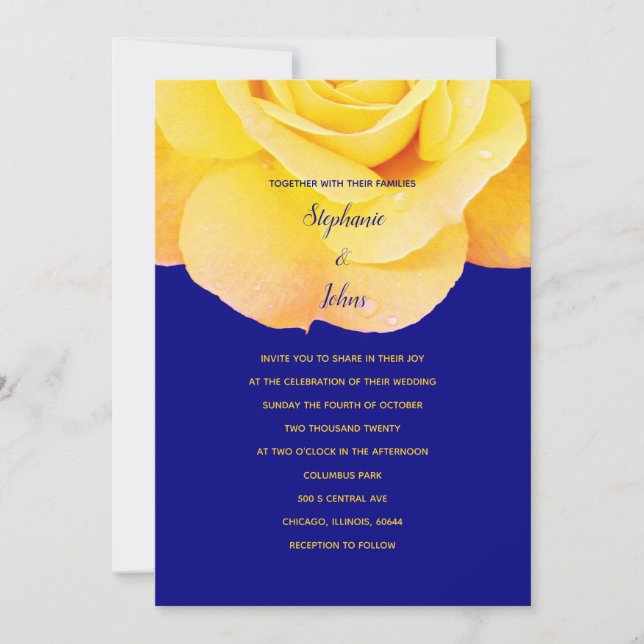 Invitación Naranja dorado azul marino Boda floral rosa amaril (Anverso)