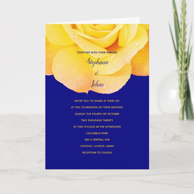 Invitación Naranja dorado Boda floral azul de la marina rosa  (Anverso)