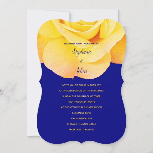 Invitación Naranja dorado Boda floral azul de la marina rosa  (Anverso)
