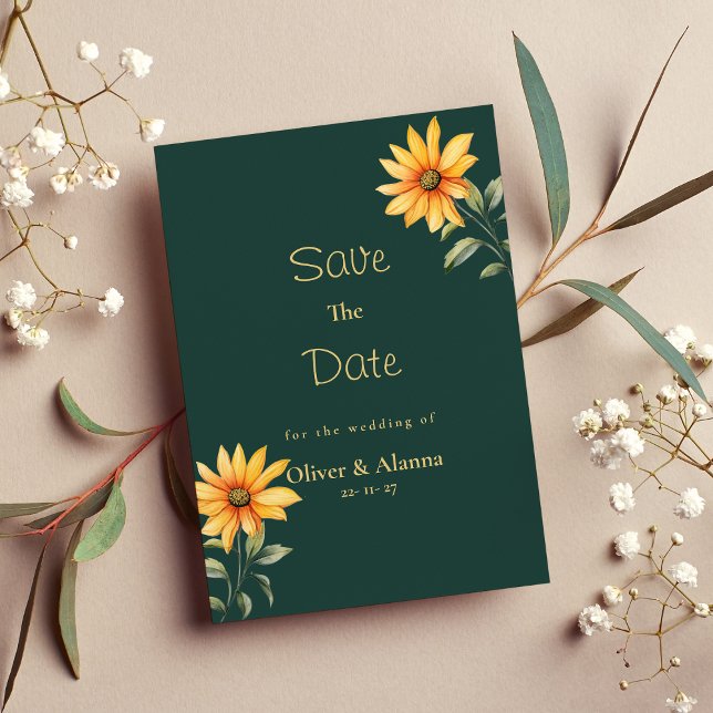Invitación Naranja dorado girasol floral Save The Date (Orange green gold sunflower floral Save The Date )