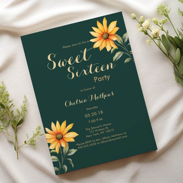 Invitación Naranja dorado girasol floral Sweet 16 (Orange green gold sunflower floral Sweet Sixteen)