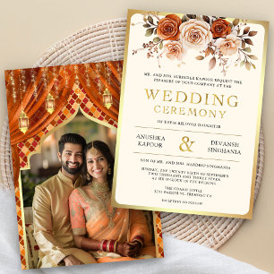 Invitación Naranja Dorado Óxido Floral Indio Hindú Foto Boda